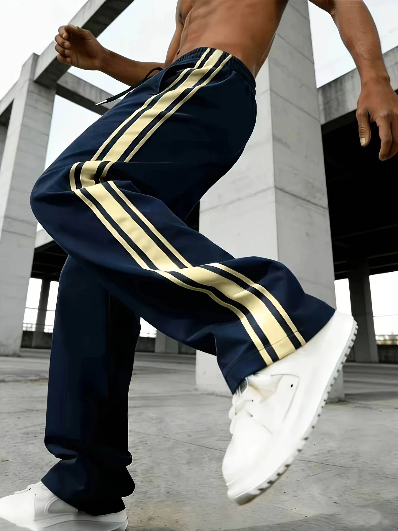 2026 Herren-Sweatpants mit doppelten weißen Seitenstreifen, Kordelzug, weitem Bein, schnelltrocknend, Sommer, locker geschnitten, gerade Freizeithose, auch für Kinder – Detail 4