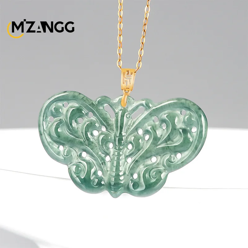 Natural Jadeite Blue Water Butterfly Pendant 18K Gold Inlaid Hollow Exquisite Ancient Style Ice Jade Necklace Ladies Gift