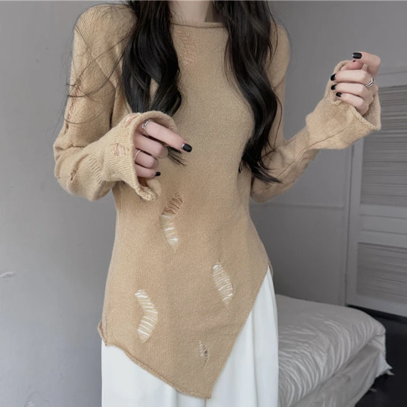 Pullovers Women Holes Side-slit Irregular Slim O-neck Pure Korean Style Cozy Fashion Casual New Chic Streetwear Simple All-match