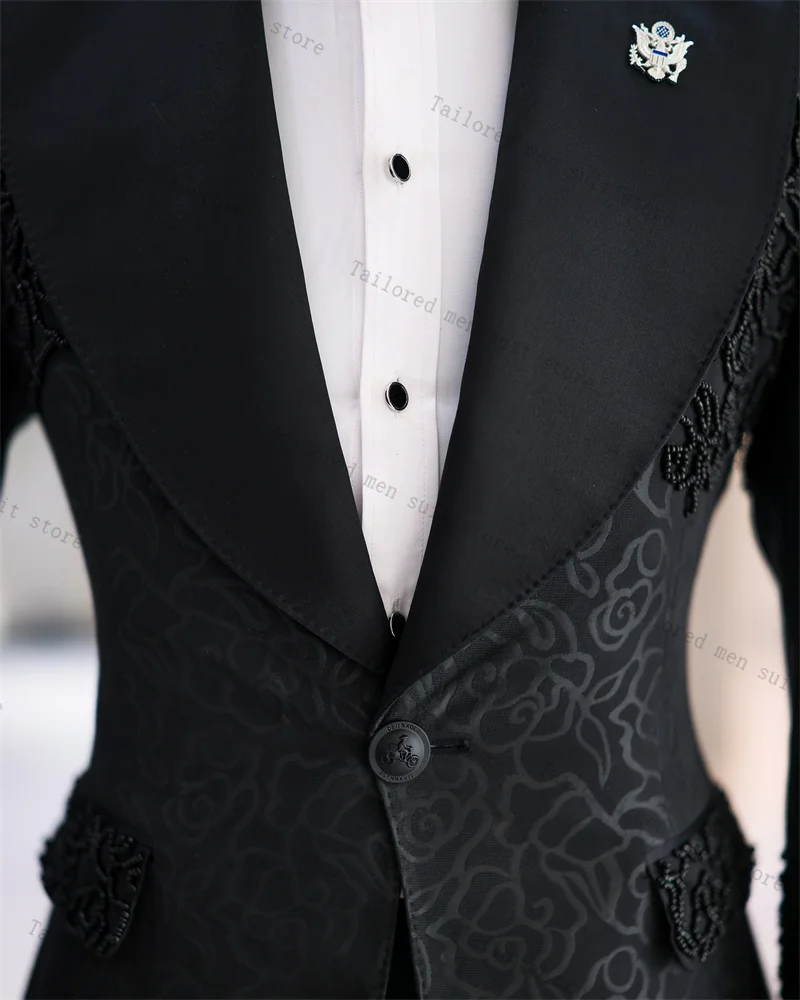 Conjunto de trajes negros de Jacquard para hombre, chaqueta de 2 piezas + pantalones de algodón, chaqueta de esmoquin para boda, abrigo Formal para oficina y novio de negocios