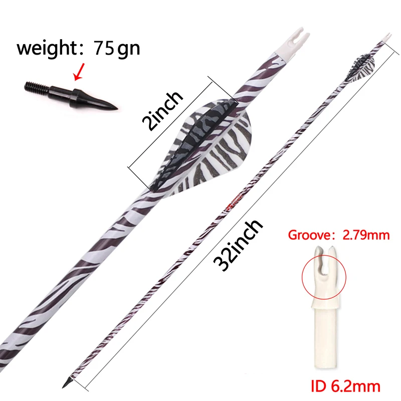 

Стрела из чистого углерода с тигровой полосой, лопасти Sp340, 400 стрел из кожи зебры, изогнутый традиционный лук, охота и стрельба, 6–12 P
