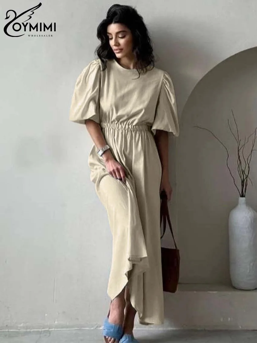 Oymimi Casual Green Cotton Womens Dresses Fashion O-Neck Half Sleeve Dresses Autumn High Waisted Ankle-Length Dress Streetwear