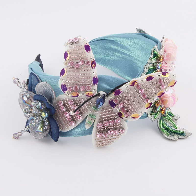 New Fashion Cloth Flannel Butterfly Crystal-Studded Sequins Flower Headband European and American Fairy Style Hair Accessories