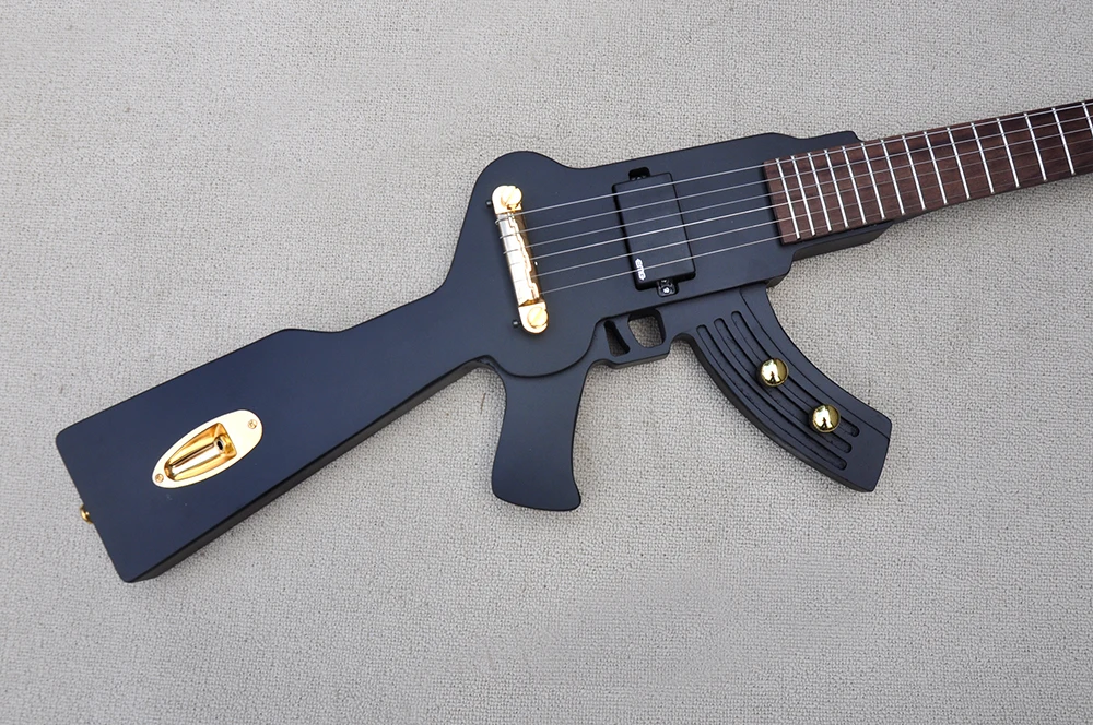 Matte Black Gun Shaped Electric Guitar with Rosewood Fretboard,22 Frets,Gold Hardware,Customizable