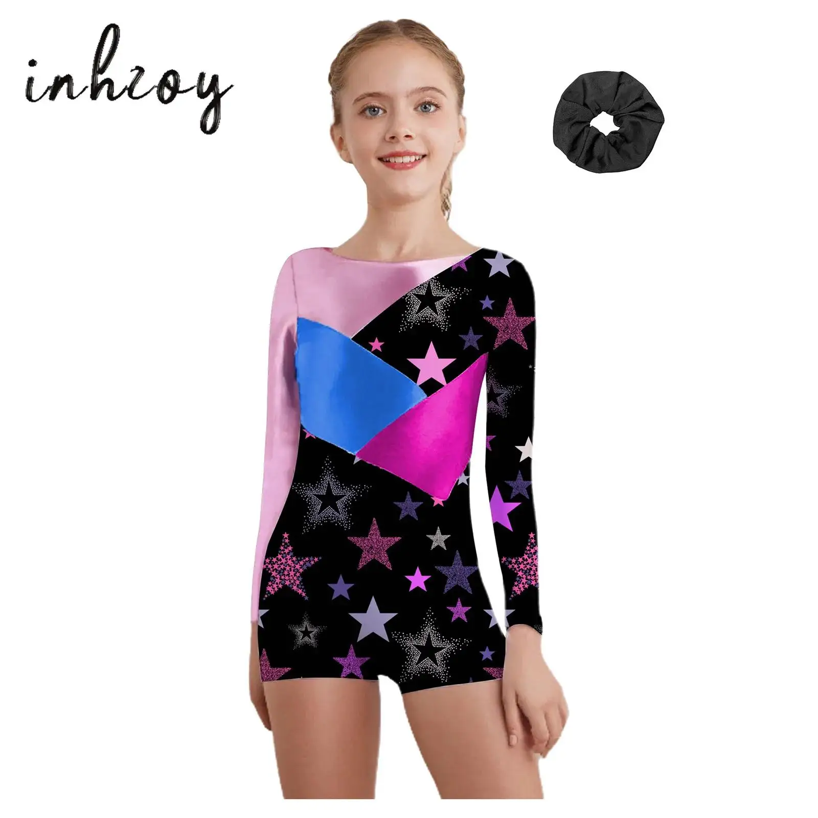 

Kids Girls Gymnastic Leotard One Piece Dance Boyshorts Bodysuit Long Sleeve Color Contrast Unitard Dancewear for Figure Skating