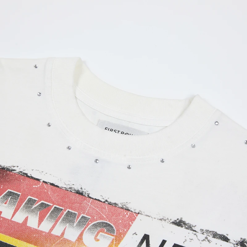 Real Photo FIRST ROW Tshirt Rhinestone Sculpture Portrait Print Men Women White High-quality Cotton Round Neck Short Sleeve Tee