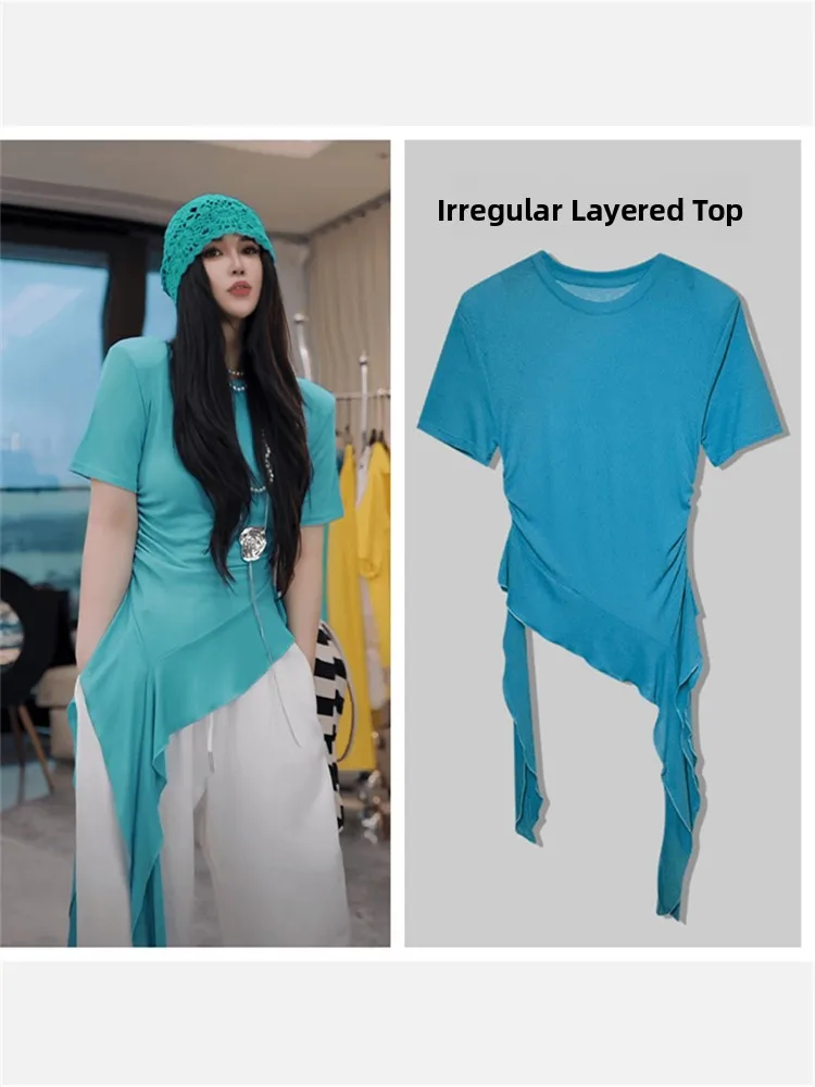 

Slimming Korean Sle Asymmetric T-irt Women's Summer New Faionable Ribbon Detail Casual Comfortable Breathable ort Sle...