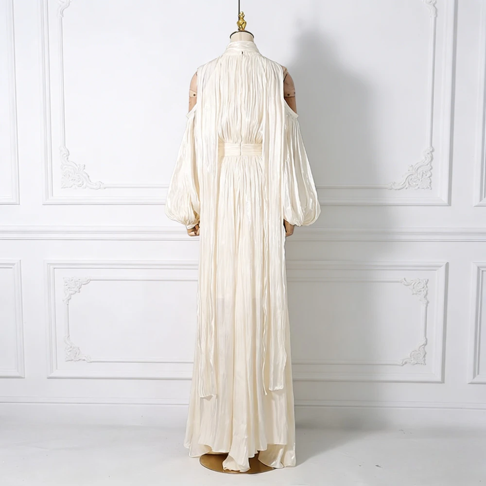 VGH elegante vestido de cinta empalmado con hombros descubiertos para mujer, vestidos de noche lujosos de cintura alta con mangas acampanadas y cuello Halter para mujer