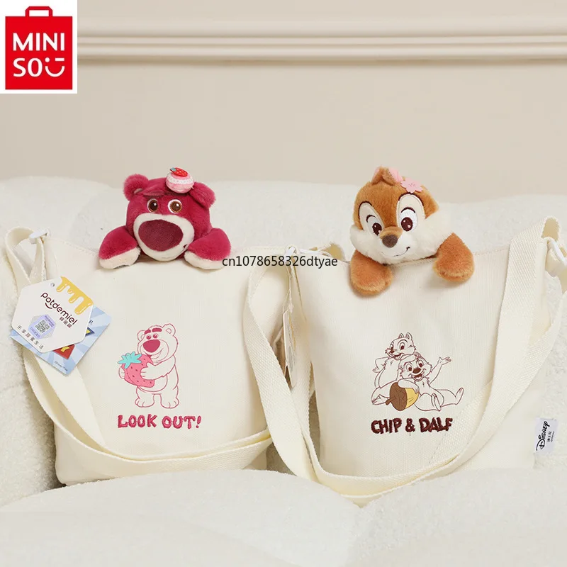 MINISO Disney Strawberries Bear Sticker Crossbody Bag for Women, High Quality Plush Doll Pendant, Large Capacity Handbag