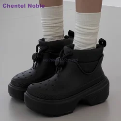 Thick Black Hole Boots Solid Slip On Height Increasing Fashion Women Shoes Winter Adjustable Straps Daily Street  Ankle Boots