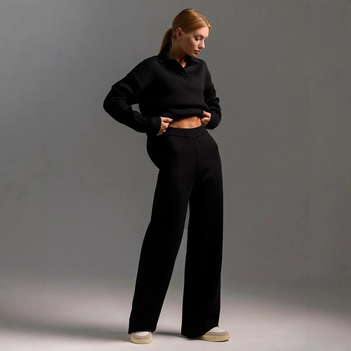 

Women's Burgundy Two-Piece Set Long Sleeve Solid Color High Waist Pants Knit Sweater Oversized Fit Winter Pullover Outfit