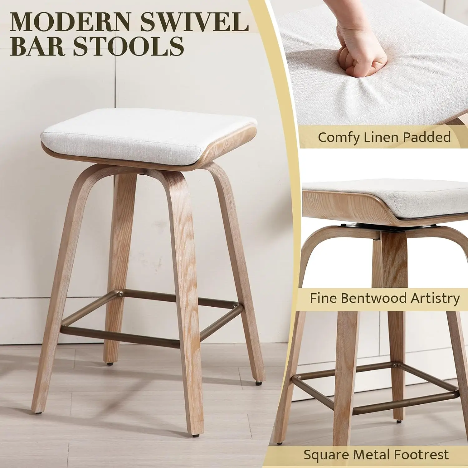Swivel Bar Stools Set of 2 for Island Kitchen, 26 Inch Modern Backless Wood Counter Height Bar Stools Linen Upholstered 360 Swiv view 3