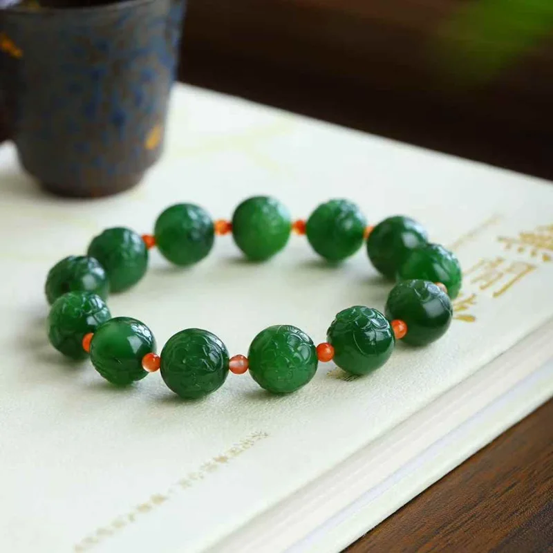 Natural Hetian Russian Material Old Jade Spinach Green Peony Flower Bracelet With Certificate