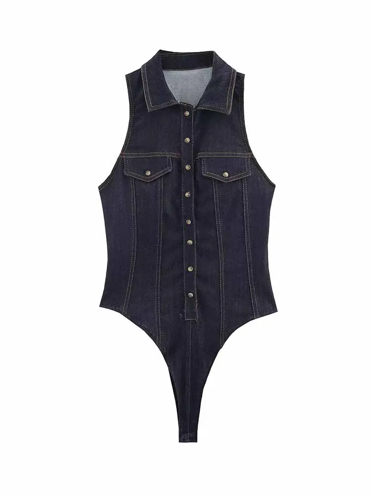 

HH Woman Early Spring Trend Fashion Sleeveless Lapel Denim Fabric Slim Fit Jumpsuit Female Versatile Casual Chic Jumpsuit