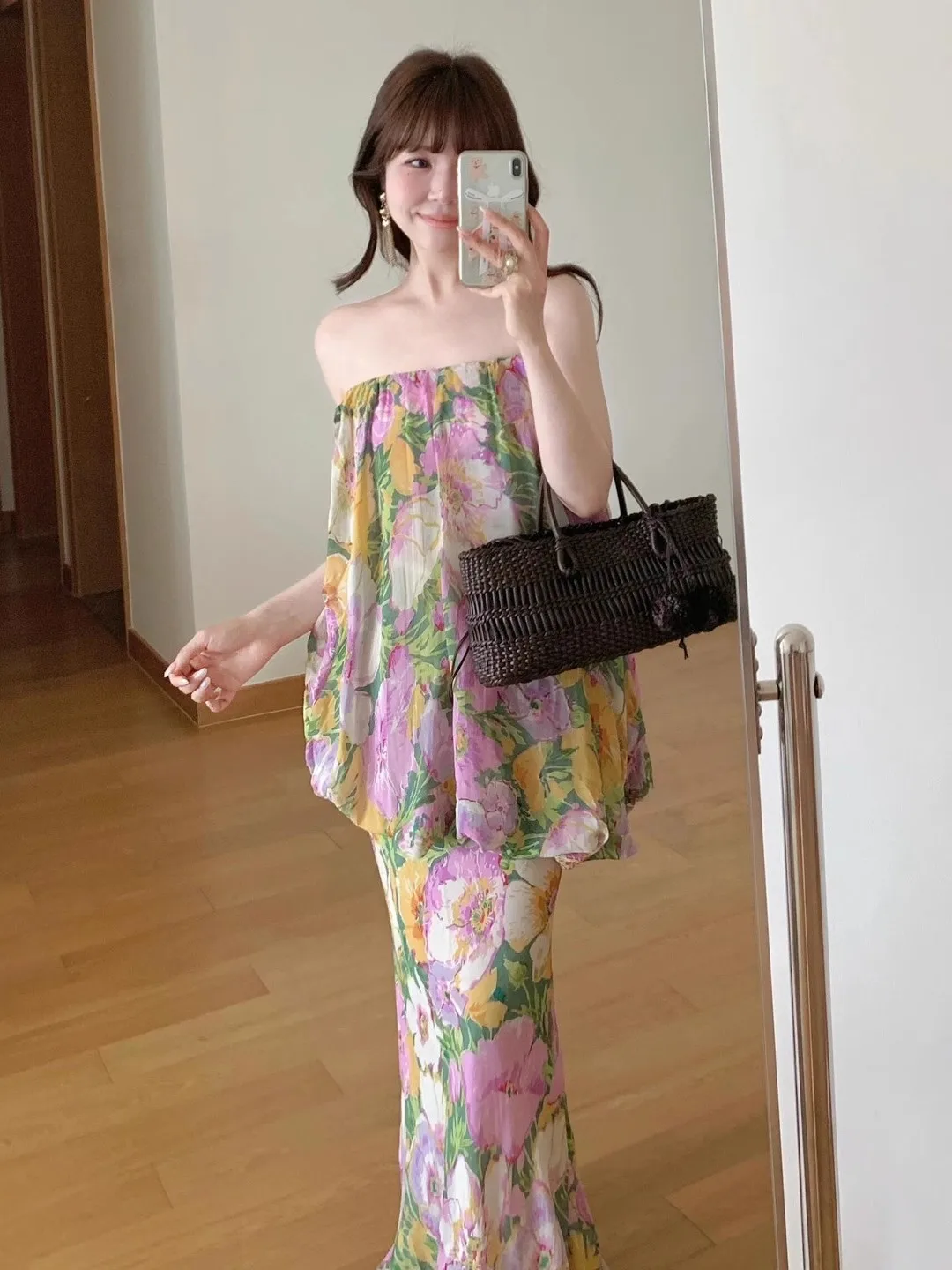 Estate 2025 delle nuove donne di arrivo stampa floreale off-oulder lungo Dr Sweet Sle raccogliere la vita in fibra di poliestere No Sve Dr