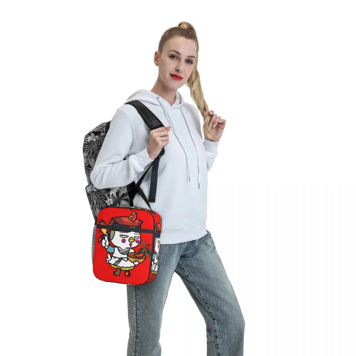 Hot Spicy B-Buldak Chicken Lunchtasche für Kinder, grafische Lunchbox, ästhetische Reise-Kühltasche, praktische wasserdichte Tragetasche, Lebensmitteltasche