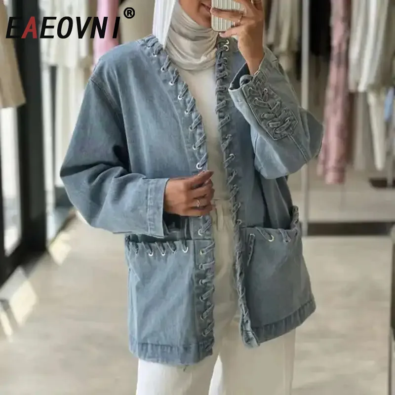 

EAEOVNI Fashion Blue Denim Jacket Bandage Spliced Design Big Pockets V Neck Outerwear Coat Streetwear 2025 New Clothing