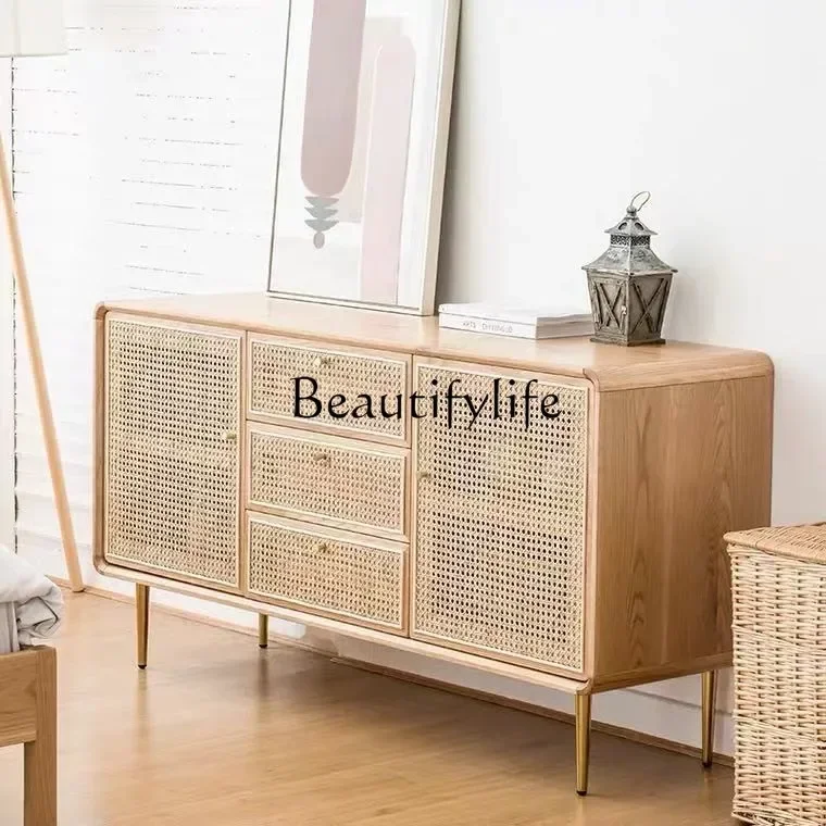 Q S Nordic Solid Wood Three-Bucket Cabinet Household TV Bench for Bedroom Drawer Rattan Storage Cabinet Multifunctional