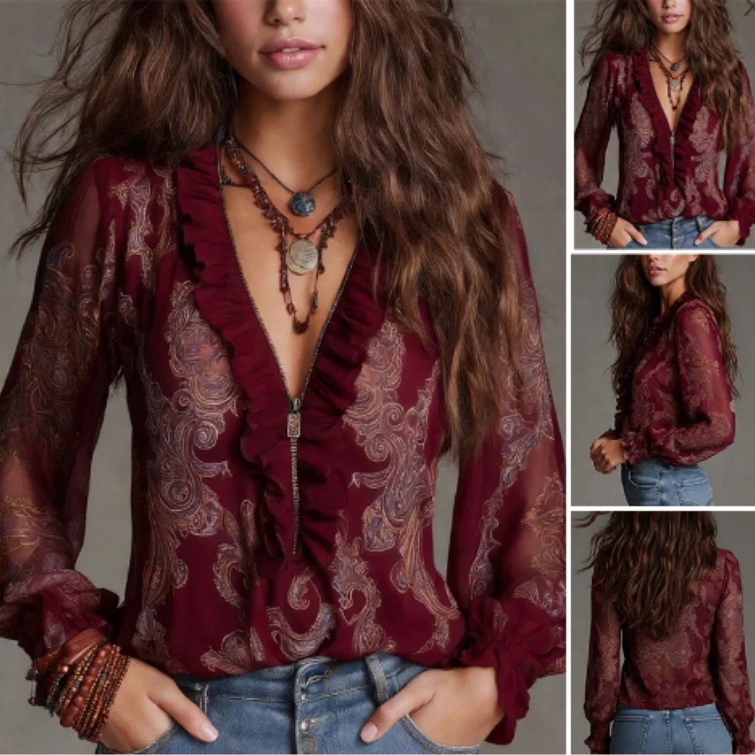 

Romantic Deep V-Neck Pleated Chiffon Blouse Loose Fit Long Sleeve Women's Shirt Sexy Spicy Style China Made Spring Collection