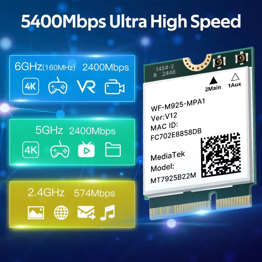 WiFi 7 Network Card MT7925 Bluetooth 5.3 2.4G 5Ghz 6GHz M.2 Wireless Adapter For Win 10 Win 11