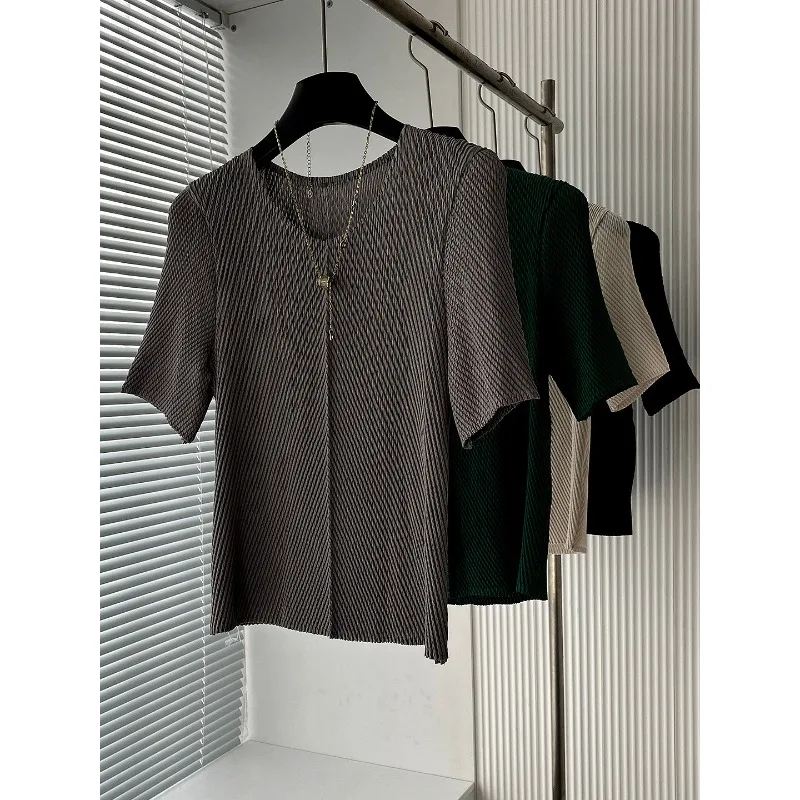 

Плиссированная футболка Miyake, роскошная футболка с круглым вырезом и короткими рукавами, минималистичный универсальный облегающий топ, женская летняя новинка