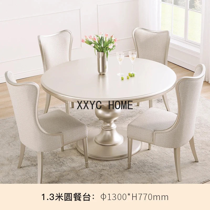 

American Light Luxury Modern Solid Wood round Dining Tables and Chairs Set French Retro Domestic Dining Table