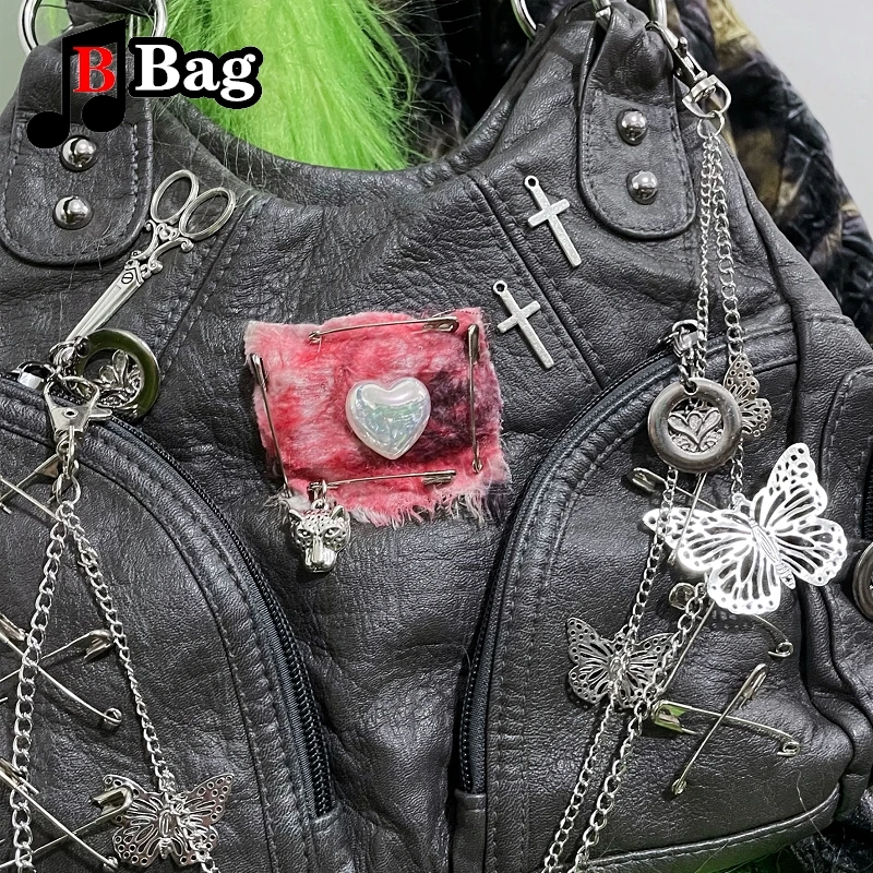 Y2K Women Girl Punk Butterfly Chain Single Shoulder Underarm Bags Tote Vintage PU Leather Messenger Bag Handbags Handmade