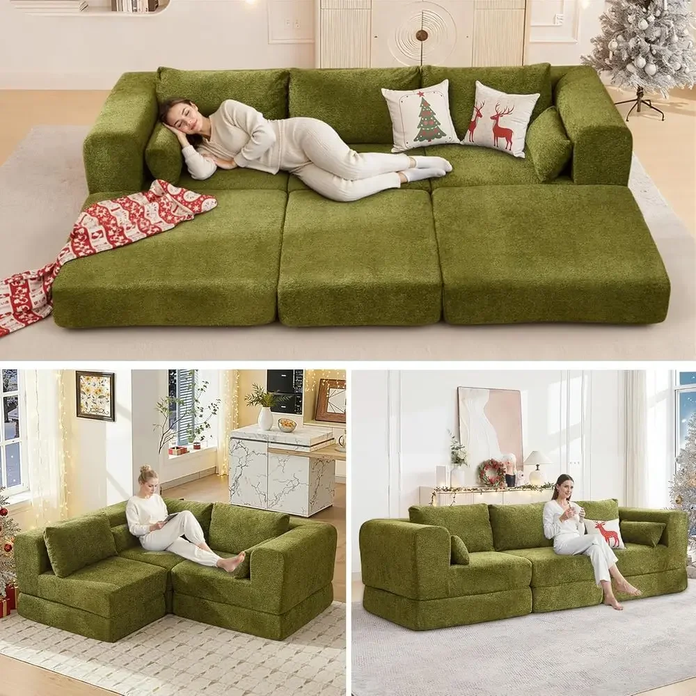 Green Chenille Fabric Convertible Sleeper Sofa Bed with Memory Foam, Pillows, and Sectional Living Room/Bedroom Furniture