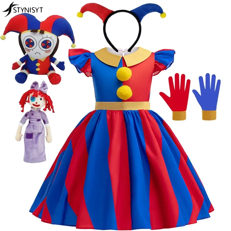 Kids Cosplay Costume The Amazing Digital Circus Pomni Girls Princess Dress Mask gloves Children Halloween Cartoon Summer Dress