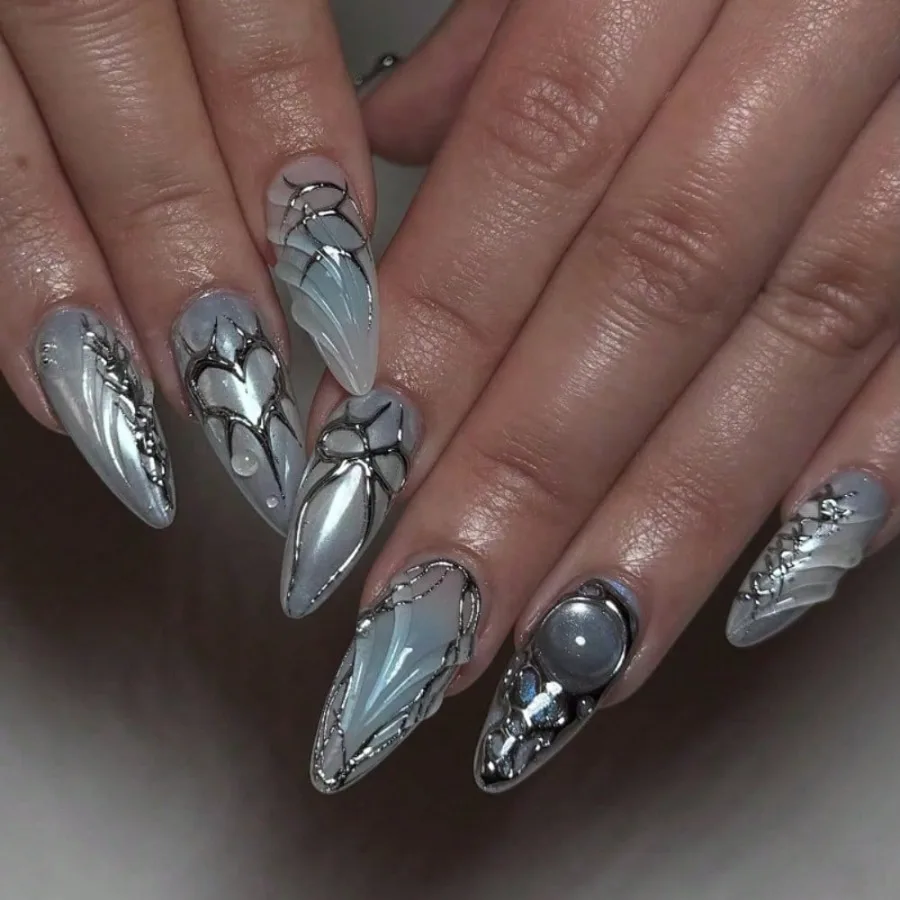 

24 шт. светло-голубых накладных ногтей Y2K в форме миндаля, многоразовые искусственные ногти для женщин, для повседневного использования