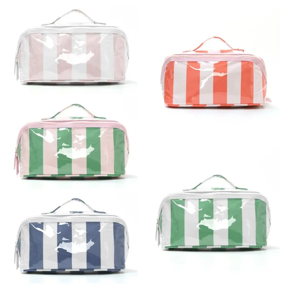 Easy to Clean PVC Cosmetic Bag Transparent Striped Makeup Pouch Water Resistant Large Capacity Travel Pouch Toiletries
