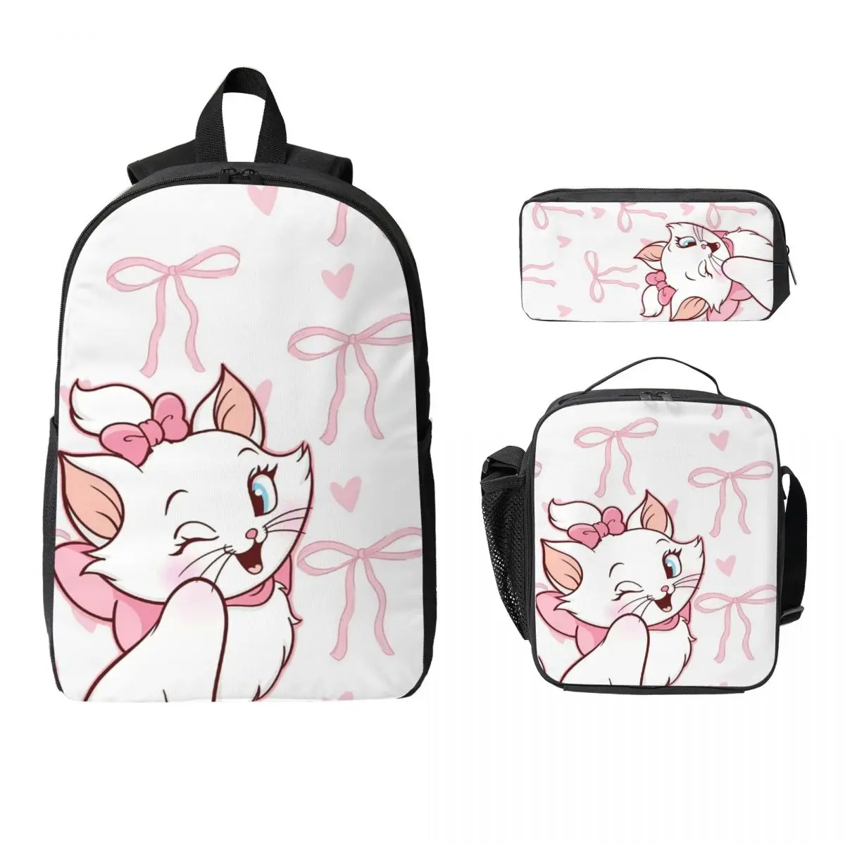 

Розовый рюкзак Aristocats Cute Marie Cats, студенческий рюкзак для мальчиков и девочек, школьная сумка, сумки на плечо, 3 шт., изолированная сумка для обеда, пенал