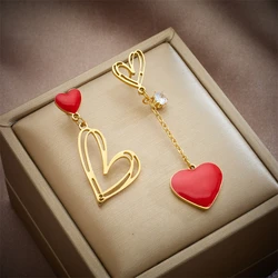 316L Stainless Steel New Fashion Fine Jewelry Hollow Asymmetric Zircon Love Heart Shaped Tassels Stud Earrings For Women Girl's
