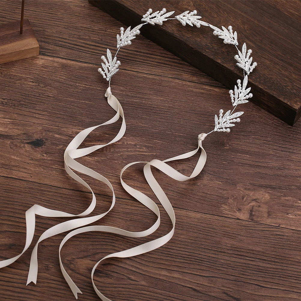 

Elegant Pearl Wedding Headband Bridal Rhinestone Leaf Hair Accessories Shiny Bridesmaid Party Bridal Headpiece Satin Ribbon Hair