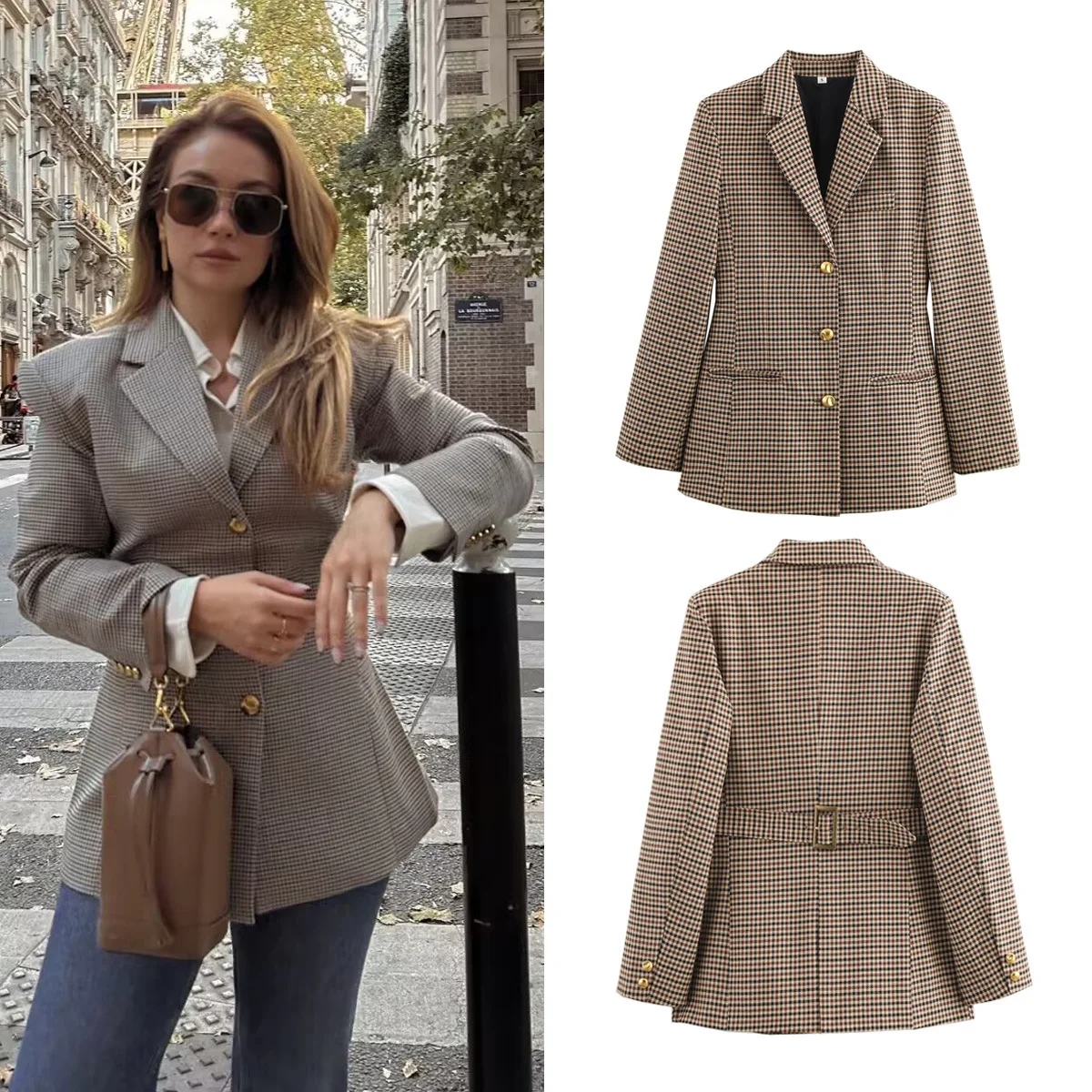 

Spring Summer Office Lady Houndstooth Women Blazer Plaid Long Sleeved Jacket Vintage Single Breasted Elegant Lady Blazer
