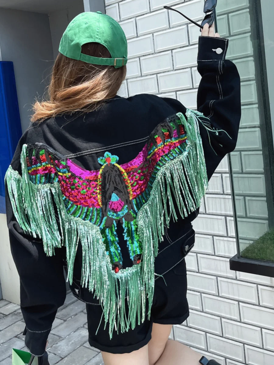 Sequins Heavy Embroidery Tassel Cartoon Eagle Short Denim Jacket Loose Casual Jean Coats 2023 New Spring Autumn Women Clothing