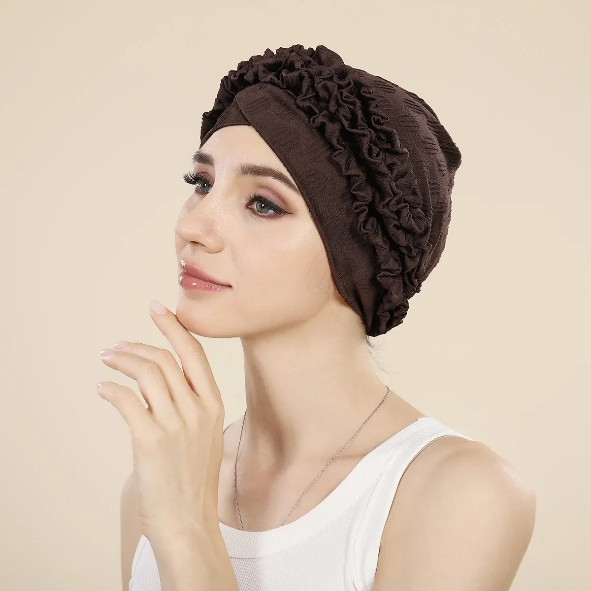 

Forehead Cross Turban Muslim Women Ruffle Flower Chemo Cap Headscarf Bonnet Beanies Headwrap Hat Hijab Hair Loss Turbante Mejur
