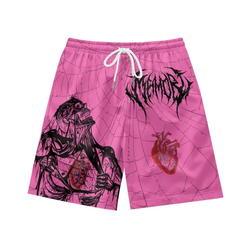 Skeleton Heart Pattern Hip Hop Style Casual Personality Loose Fashion Summer Men's Drawstring Beach Sports Shorts Bright Pink