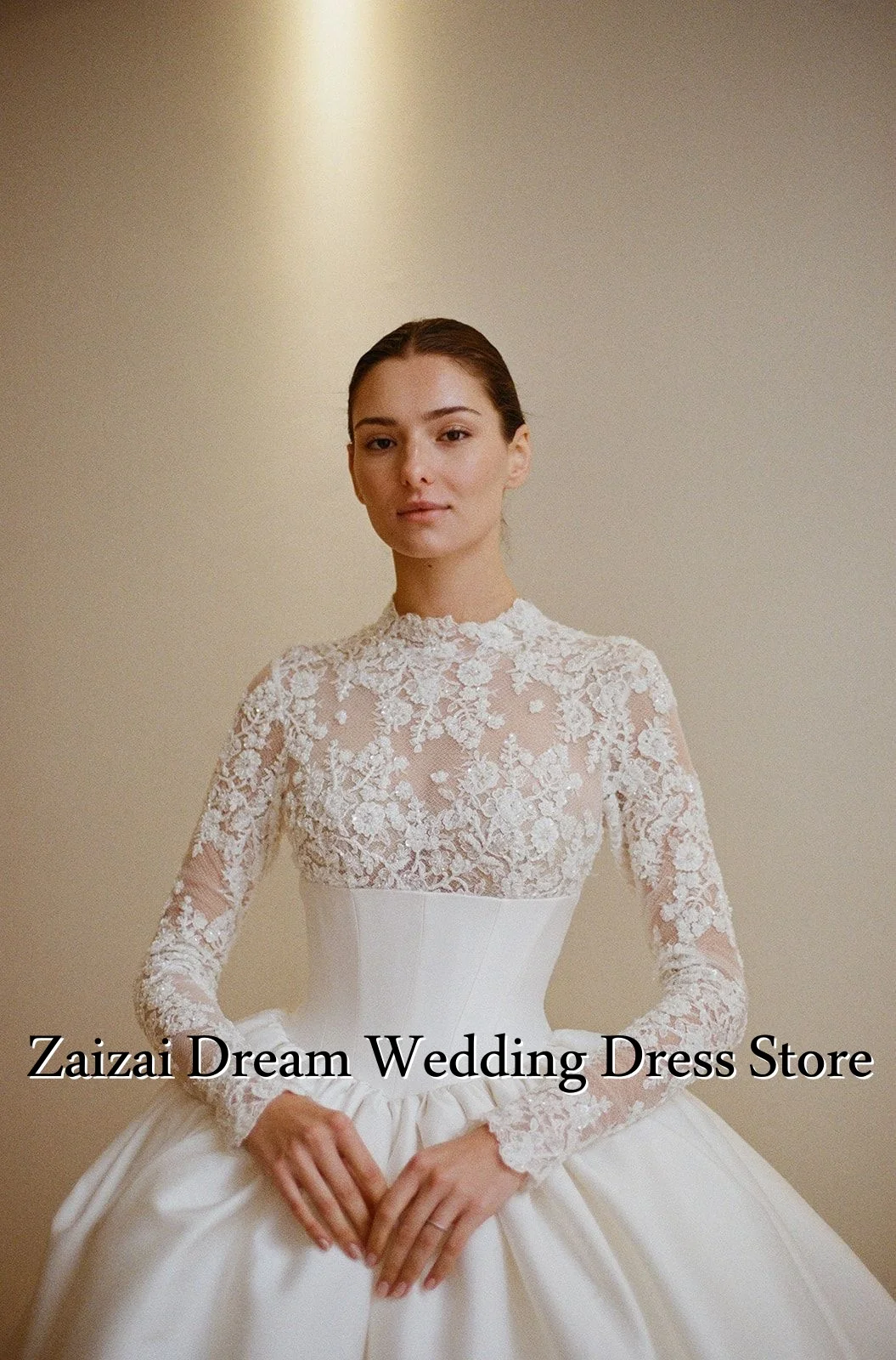 تخصيص أنيقة شارون سعيد أوف وايت فستان الزفاف عالية الرقبة الكرة ثوب الأميرة الساتان العروس ثوب فيستدو دي نوفيا