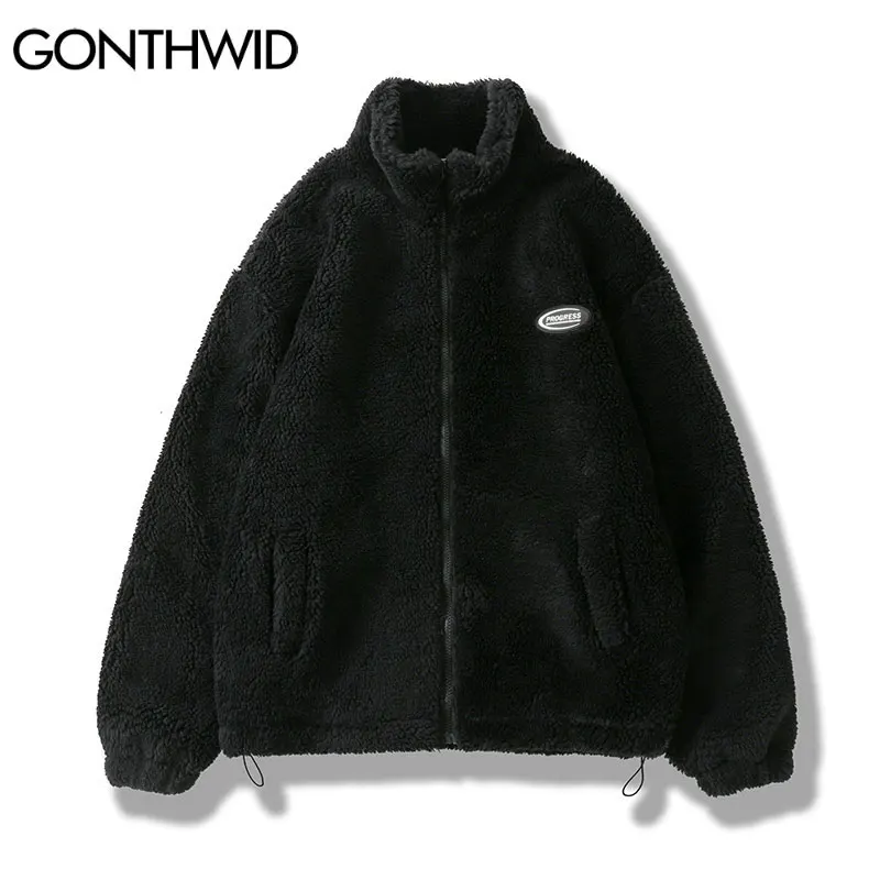 Hip Hop Winter Fleece Fluffy Jacket Streetwear Harajuku Fuzzy Zipper Coat Men Autumn Solid Color Lightweight Jackets Black Beige