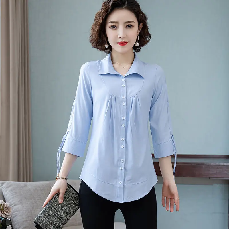 

Short-sleeved Shirt for Women Mid-length Five-point Sleeve Shirt Korean Style Versatile Top