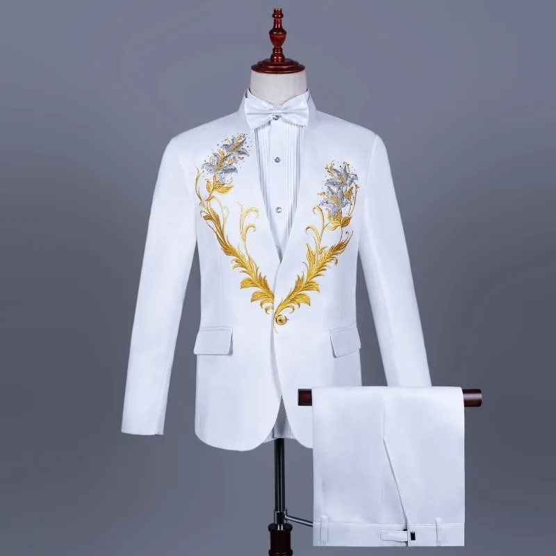 Terno masculino colarinho bordado brocas quentes vestido grande coro trajes cantor compere comando uniformes terno traje para o show