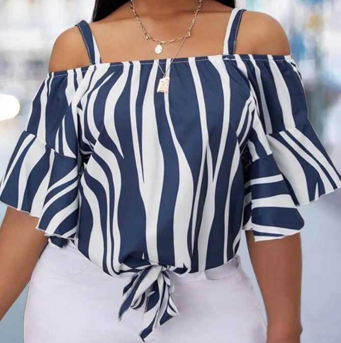 

Women's Summer Fashion Casual Stripe Printed Petal Sleeve Lace Urban Commuter Off The Shoulder Sling Casual Top