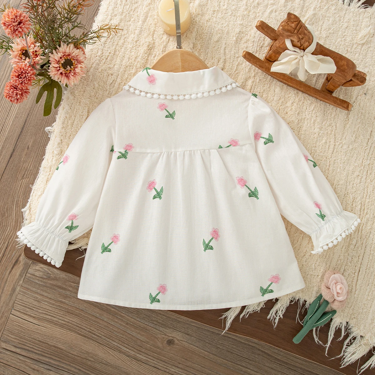 Baby Girl Long Sleeved Shirt Spring/Autumn New Sweet Flower Embroidery Single Breasted Gentle Style Girl Top Versatile Shirt