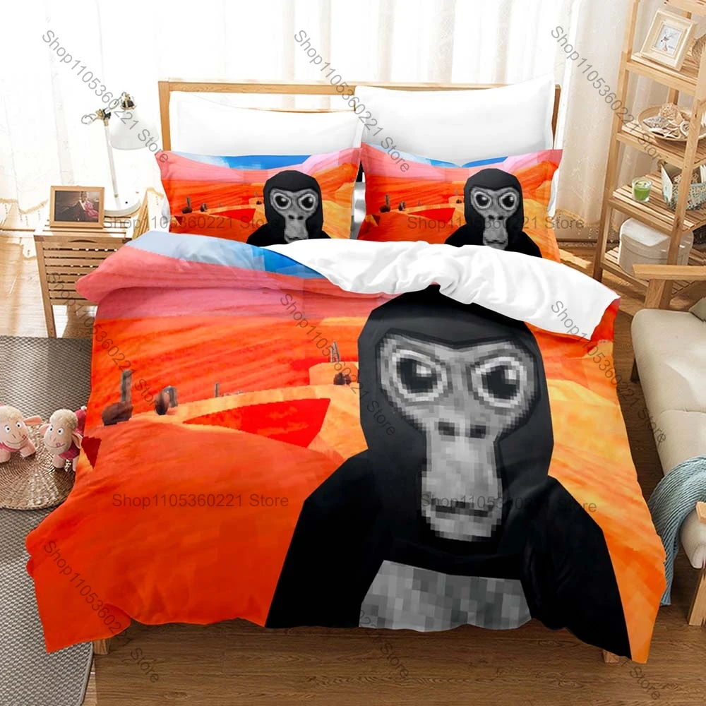 Gorilla Tag VR Parkour Game Funny Monke Gorilla Character HD Print Bedding Set Duvet Cover + 2 Pillowcases Polyester
