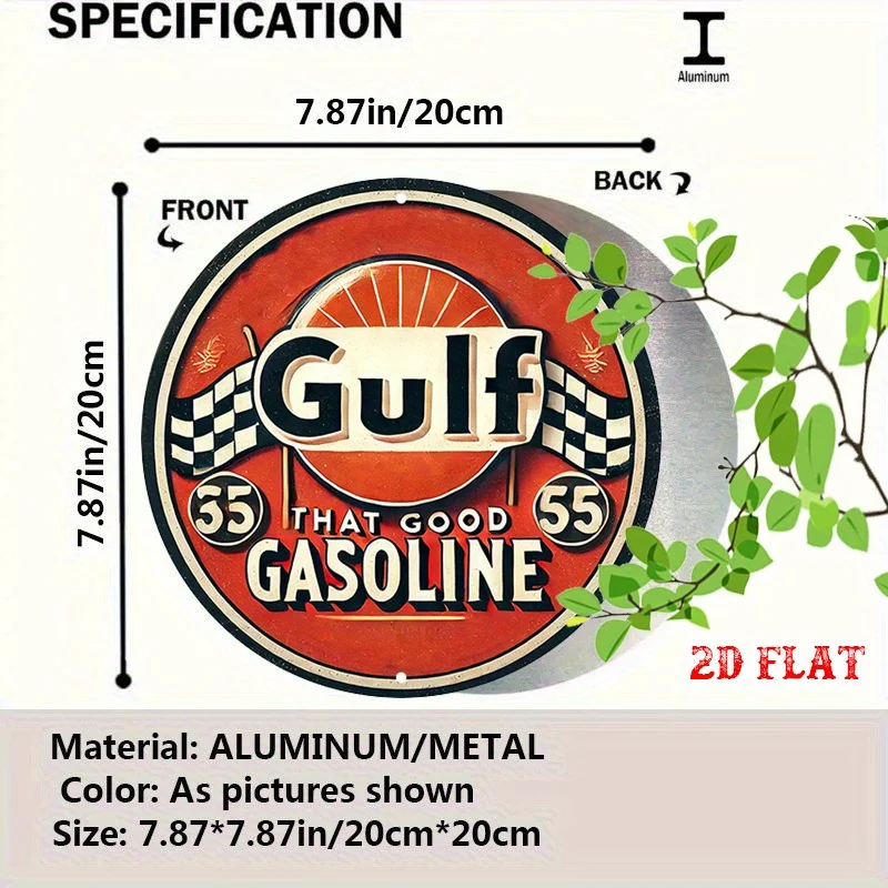 2D شقة، 1PC خمر الخليج 55 البنزين الألومنيوم معدن القصدير تسجيل - 7.87x7.87 بوصة تصميم جولة متقلب العلم، ريفي جدار الفن ل #2