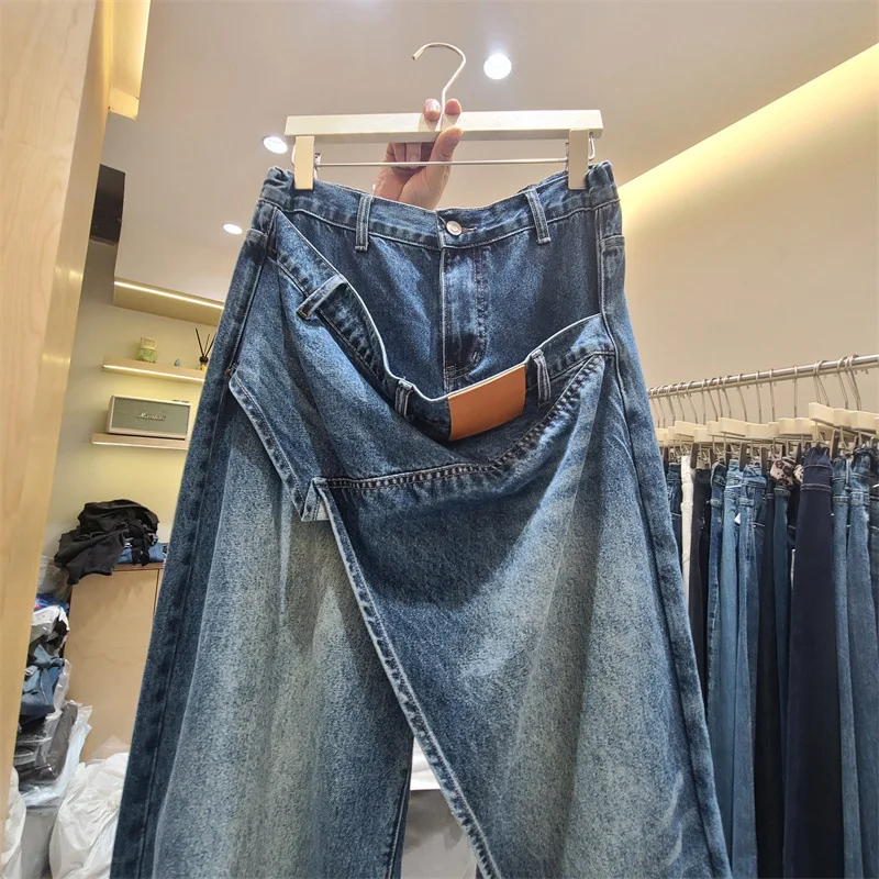 SuperAen 2026 Summer Style High Street Casual Asymmetrical Patchwork Straight Denim Skirt Pants Women Full Length Pants