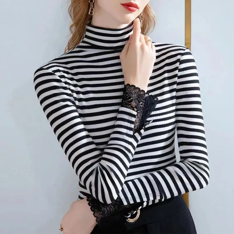 Women's Clothing Autumn and Winter New Oversize Versatile Fashion Half High Neck Long Sleeve Solid Color Plush Stripe Pullover