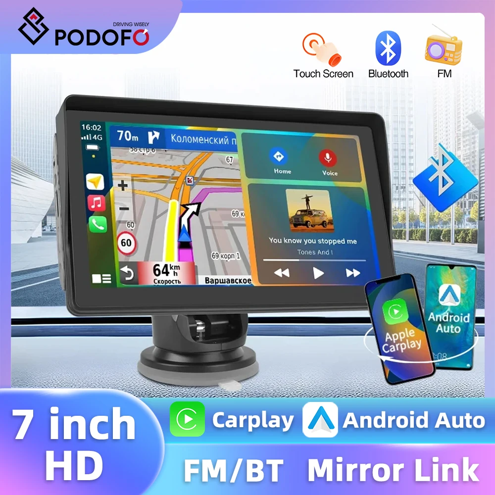 Podofo 7'' Dashboard Car Monitor Wireless Carplay Android Auto Mirror Link Car DVR Bluetooth GPS Navigation Smart Screen Player