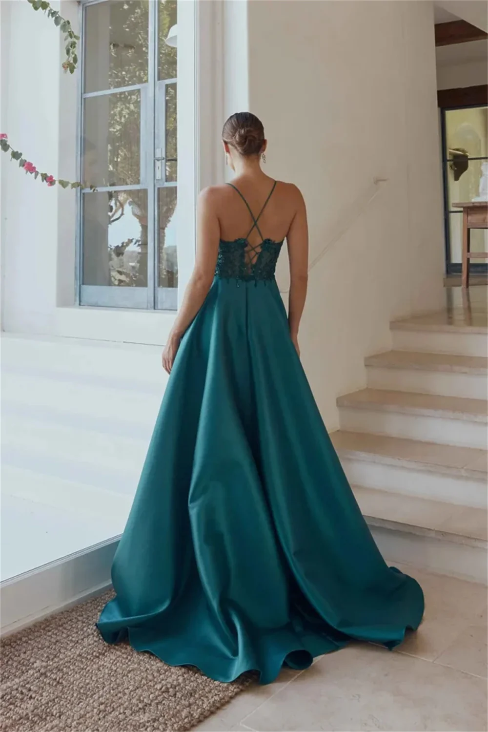 Amanda Satin Spaghetti Strapless A-Line robes de soirée Floor-Length Backless Evening Dresses Wedding Party Lace Wedding Dress